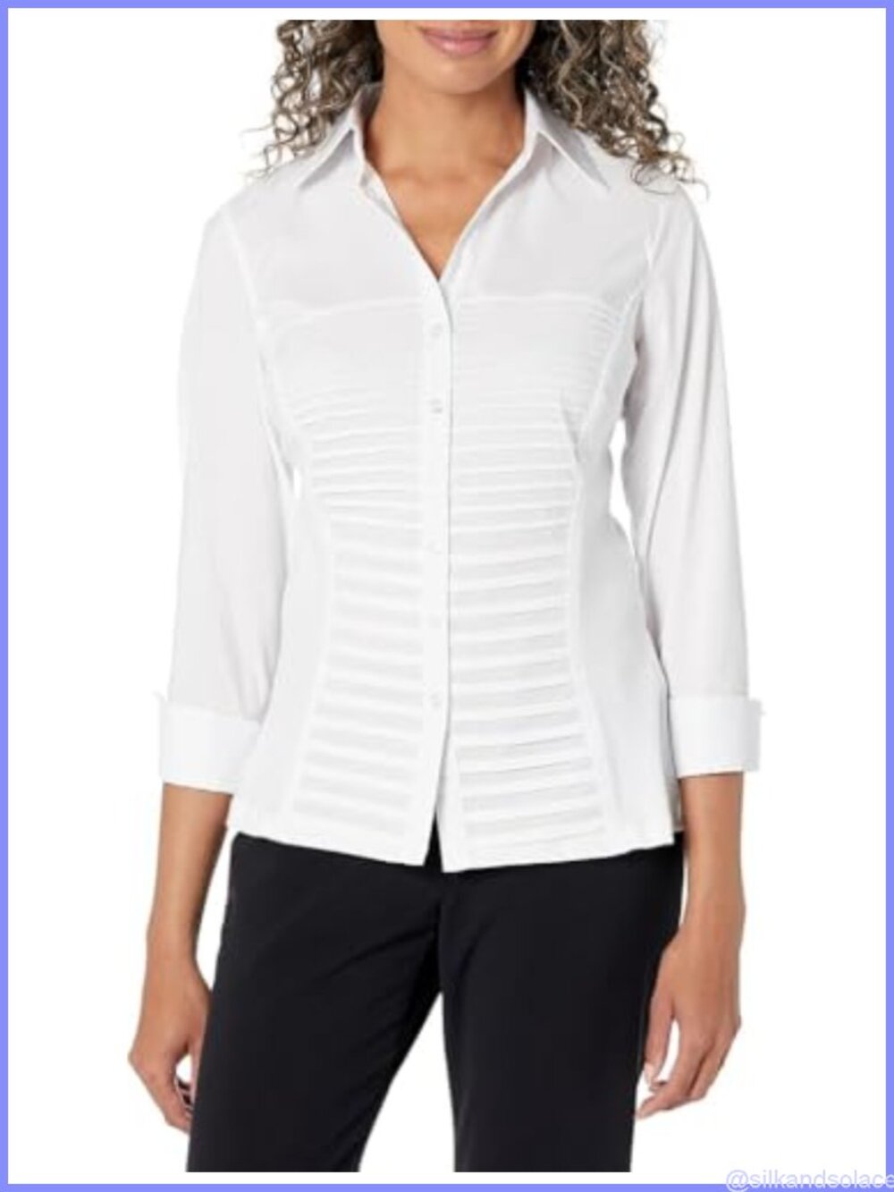 Women's 3/4 Sleeve Button Down Blouse with Ribbed Knit Inserts